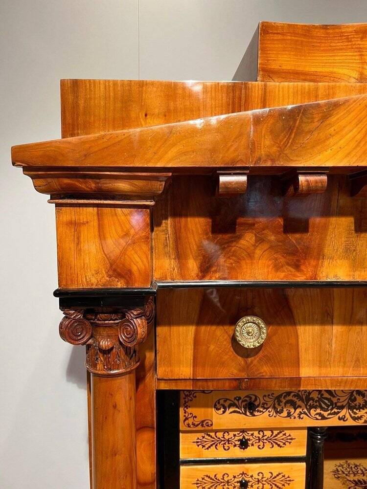 Biedermeier Secretaire in Cherrywood and Maple with Inlays and Brass, South Germany, 1830s