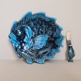 Ceramic butter dish signed Vallauris fish decor and its knife / fish / ceramic / 1960 / French riviera / Mid-Century / 20th