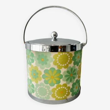 Ice bucket, floral fabric and chromed metal, 70s