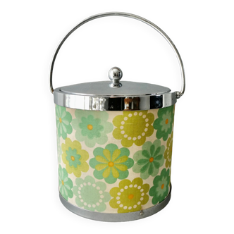 Ice bucket, floral fabric and chromed metal, 70s