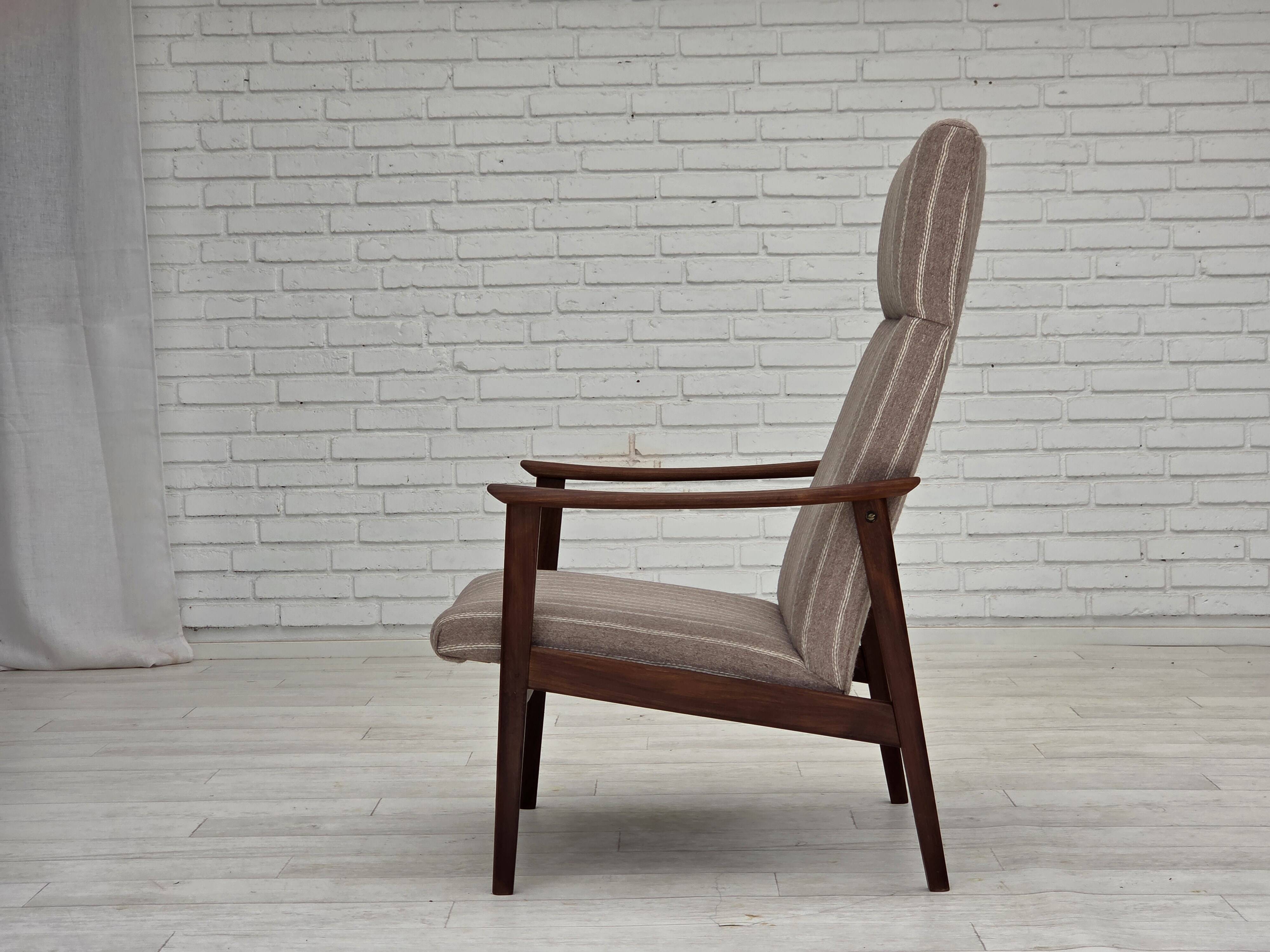 1970s, Danish highback armchair, furniture wool, teak wood, original.