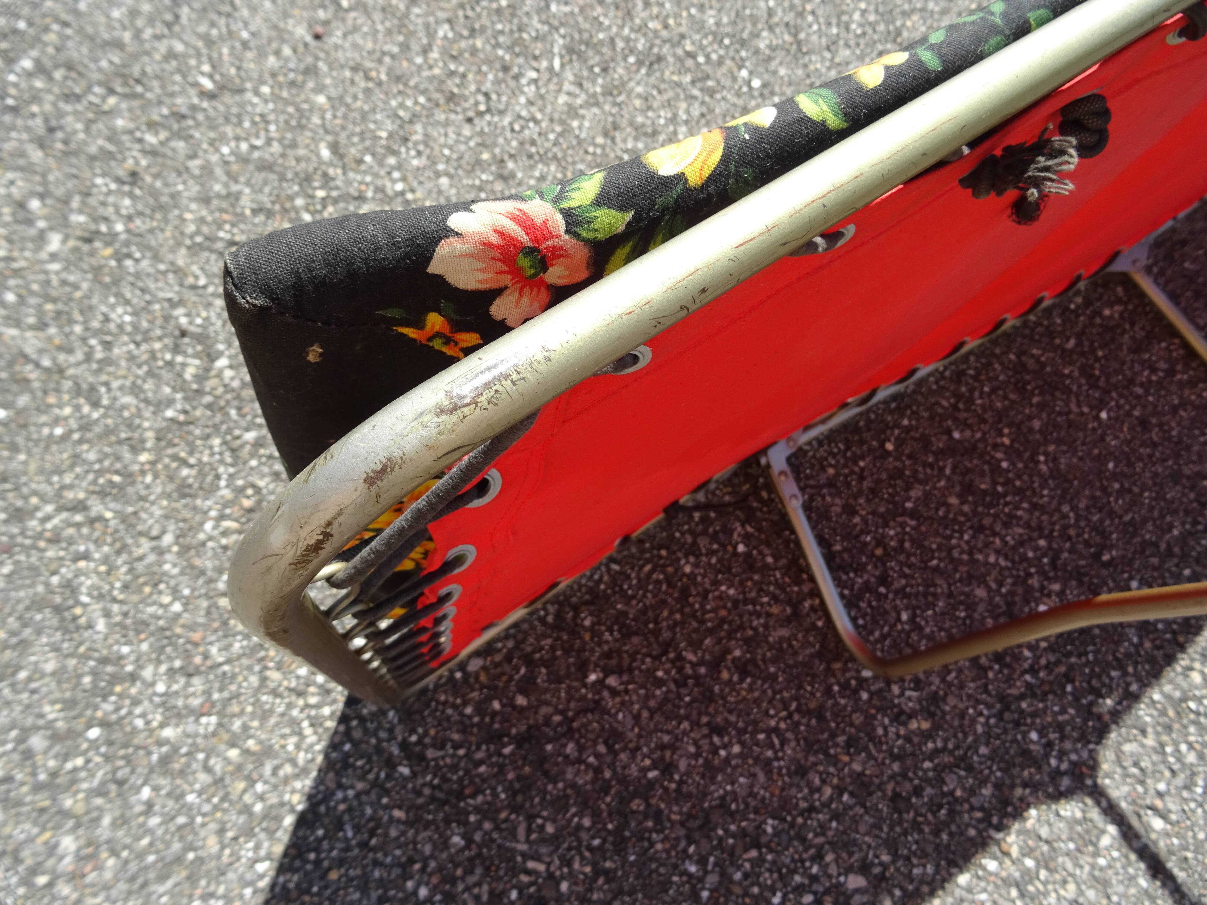 Folding chaise longue cous camp bed with flowers vintage brand Castel Joyeux