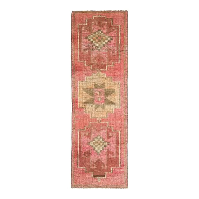 Vintage Turkish hand-knotted wool cotton pink runner rug 92x290