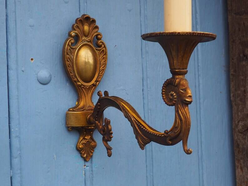 Vintage Rams Head French Bronze Wall Sconces Wall Lights C1930s Pair