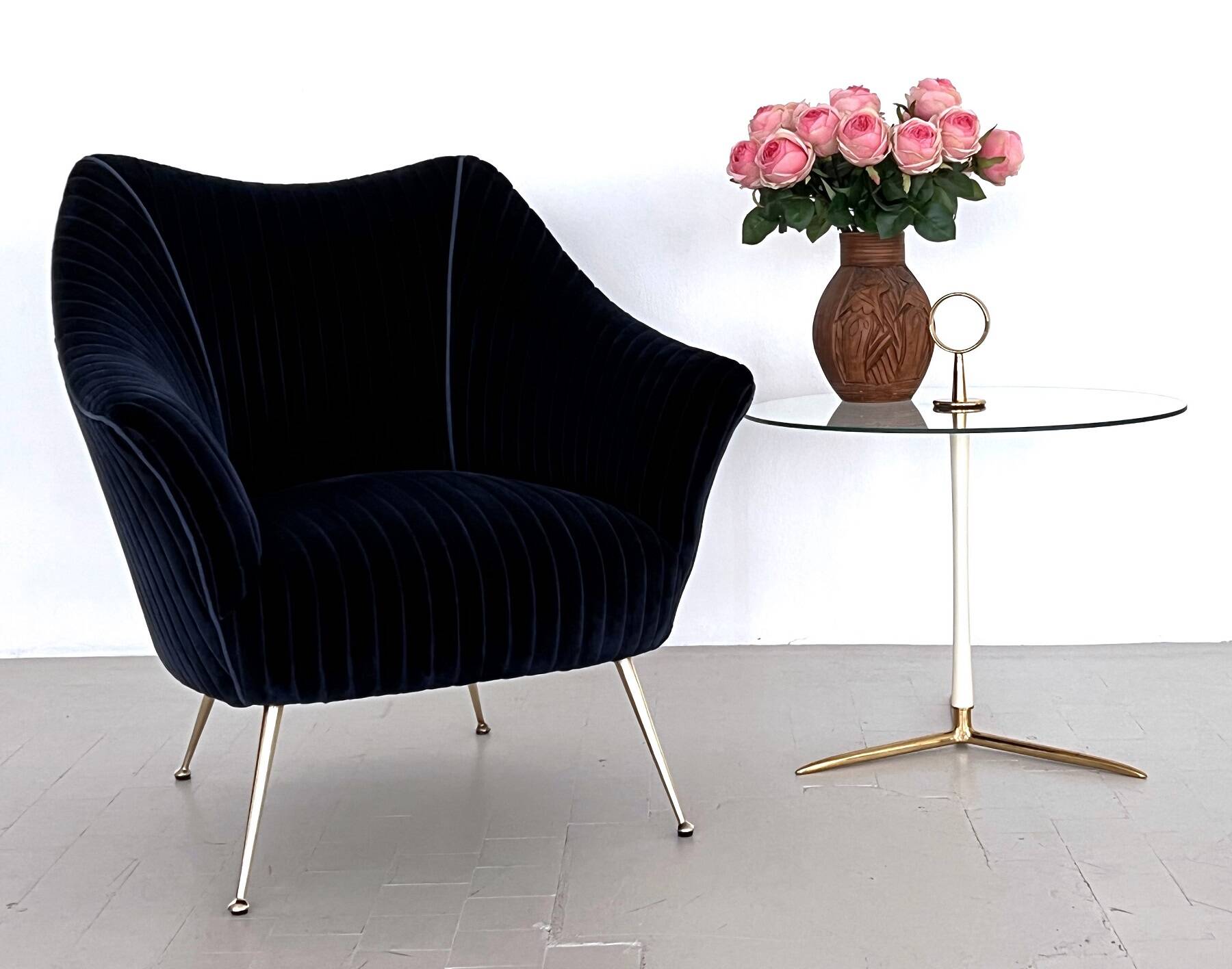 Italian Armchair with Brass Legs reupholstered in Magnificent Velvet