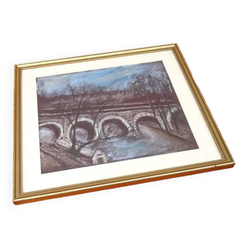 Vue sur le Pont Neuf Paris, encadrement sous verre et bois doré
