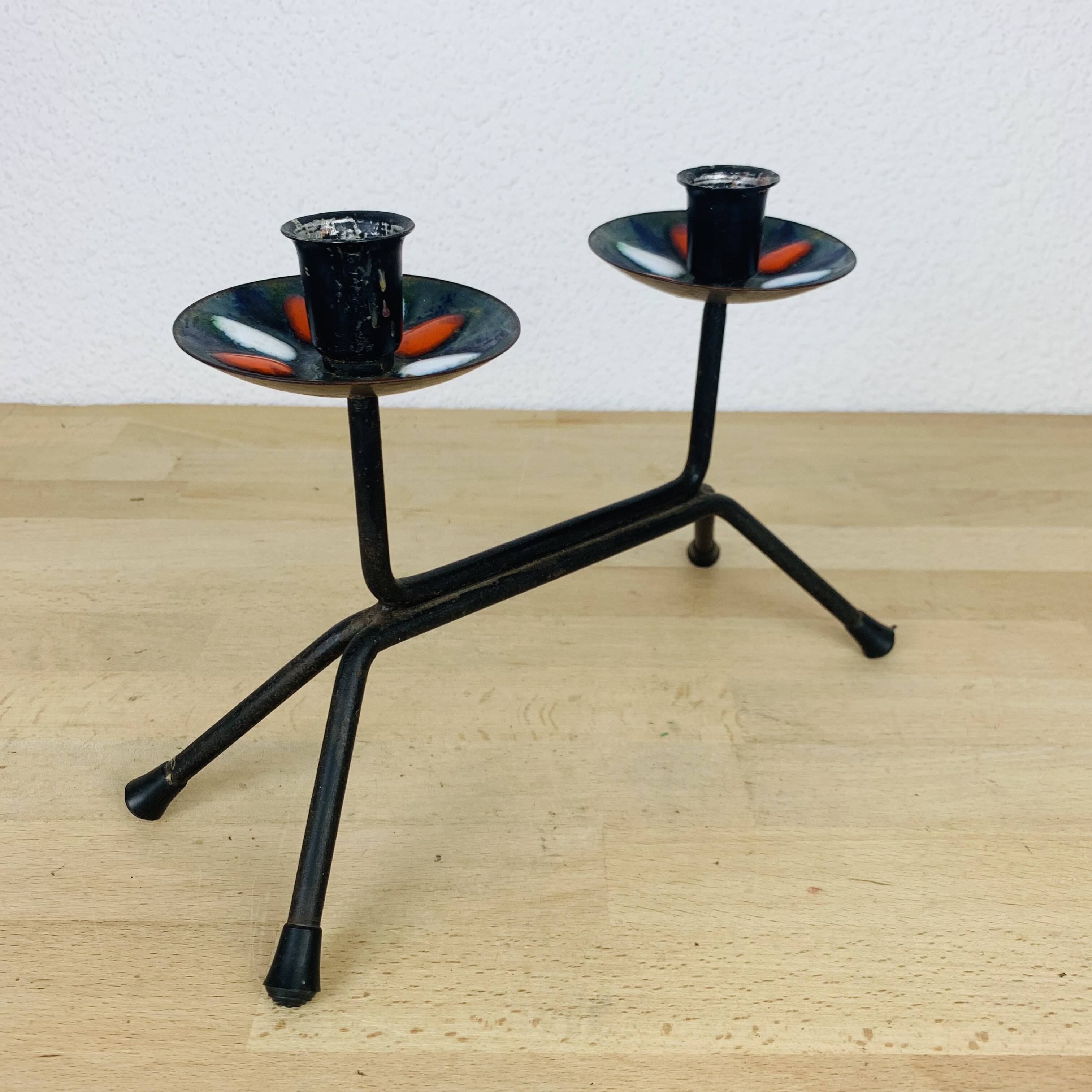 Vintage 50s iron candle holder, enameled signed