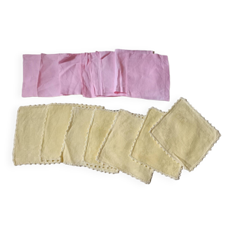 Set of 10 pink tea napkins + 7 yellow ones. Hand embroidered.
