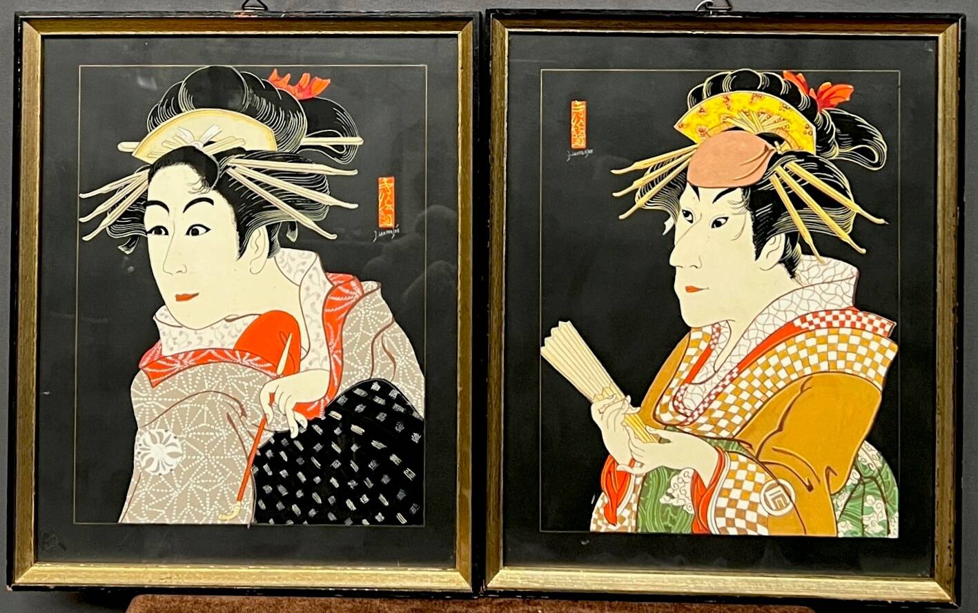 Pair of gouaches "Actors of the Kabuki Theater".