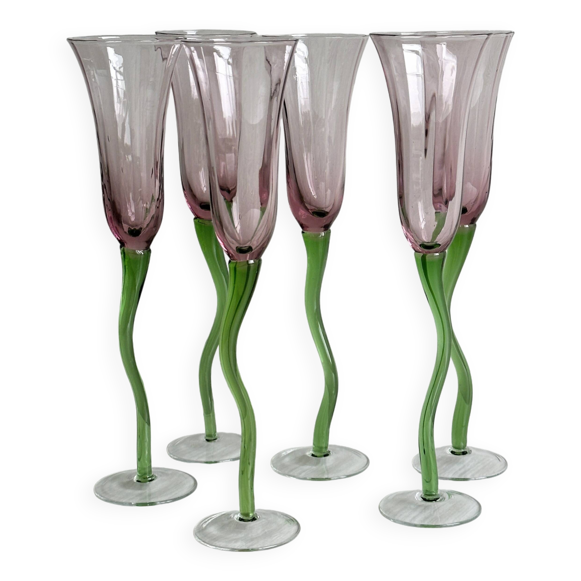 Set of 6 blown glass champagne glasses, green twisted feet