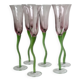 Set of 6 blown glass champagne glasses, green twisted feet