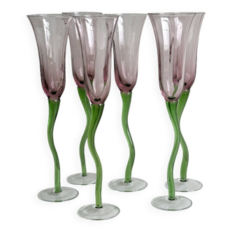 Lot de 6 verres à champagne en verre soufflé, pieds torsadés verts