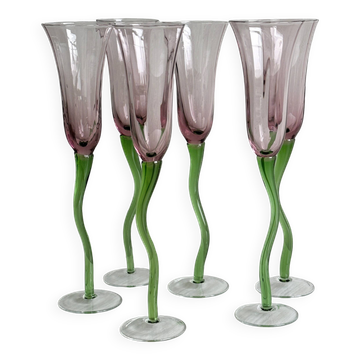 Set of 6 blown glass champagne glasses, green twisted feet