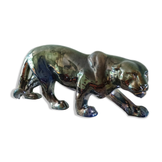 Rambervillers sculpture animalière panthère à l'affût 50cm grès flammé bleu