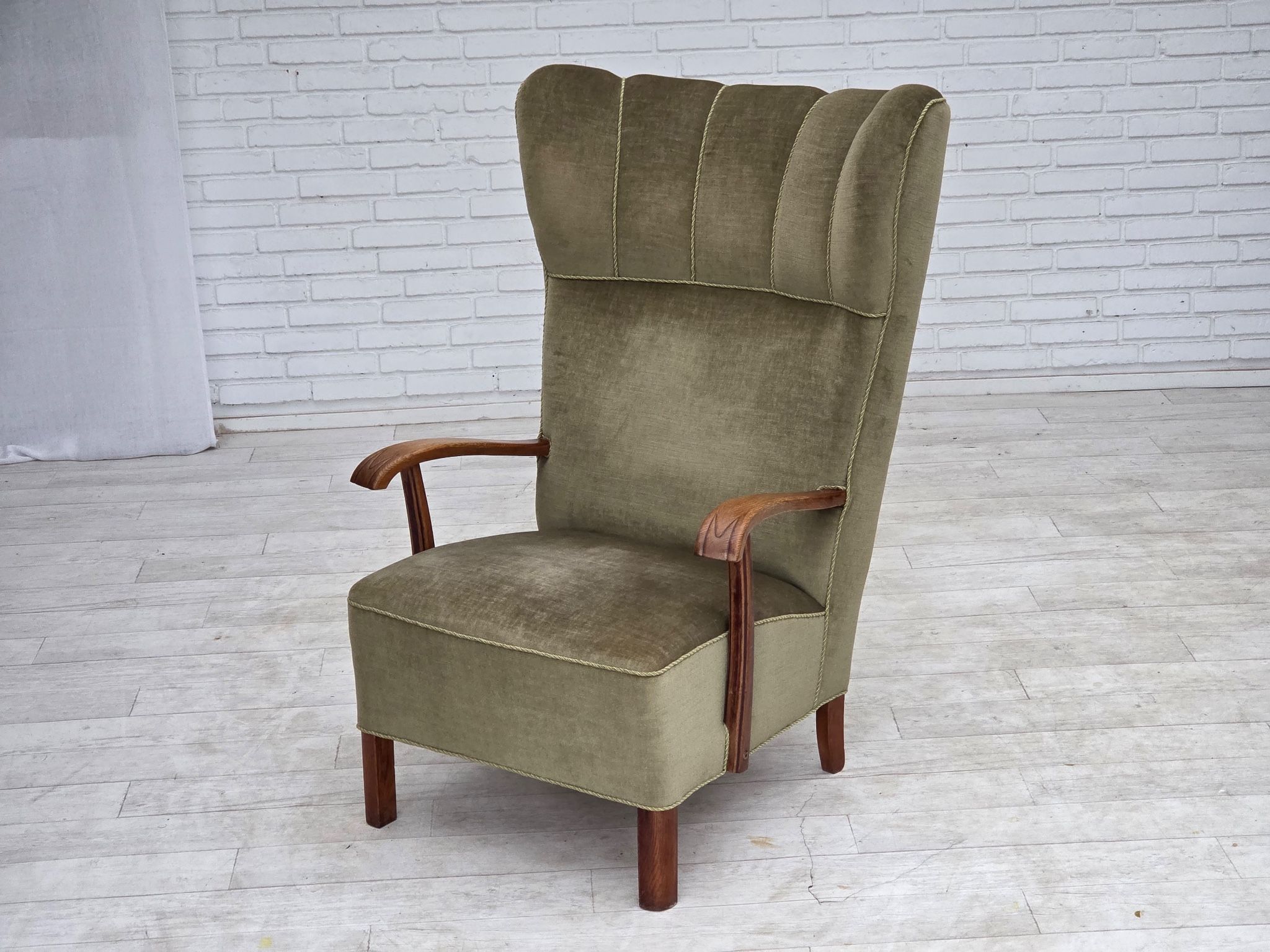 1960s, Danish highback armchair, furniture velour, oak wood.