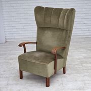 1960s, Danish highback armchair, furniture velour, oak wood.