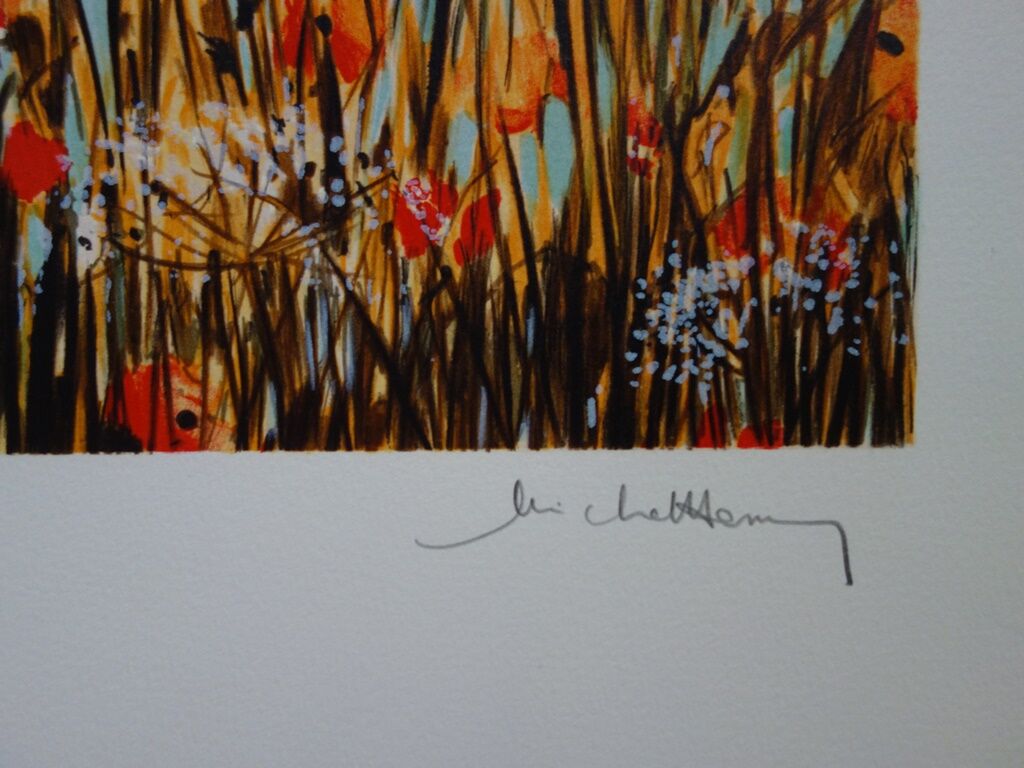 Michel Henry : Cavalier dans le sous-bois aux coquelicots, lithographie originale signée