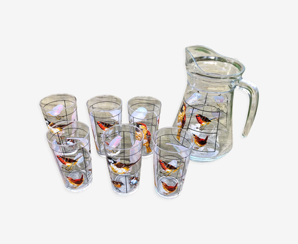 Service 7 verres et carafe oiseaux