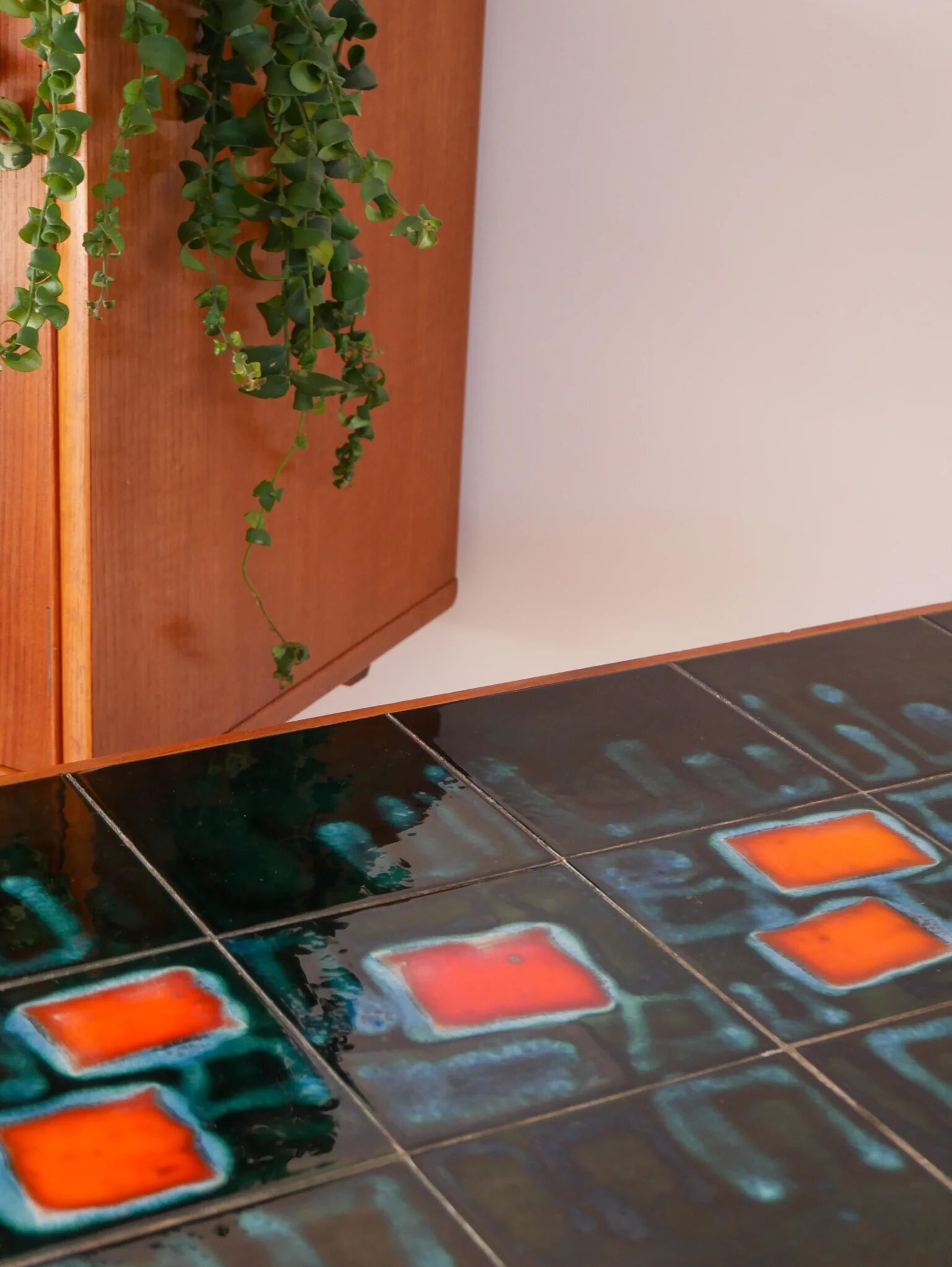 Table basse en céramique, teck & chrome, design, 1970