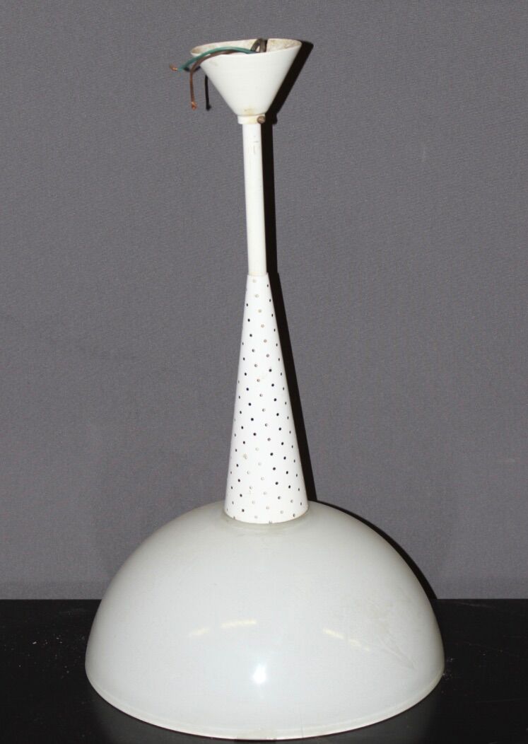 Sheet metal chandelier perforated by holophane circa 1950