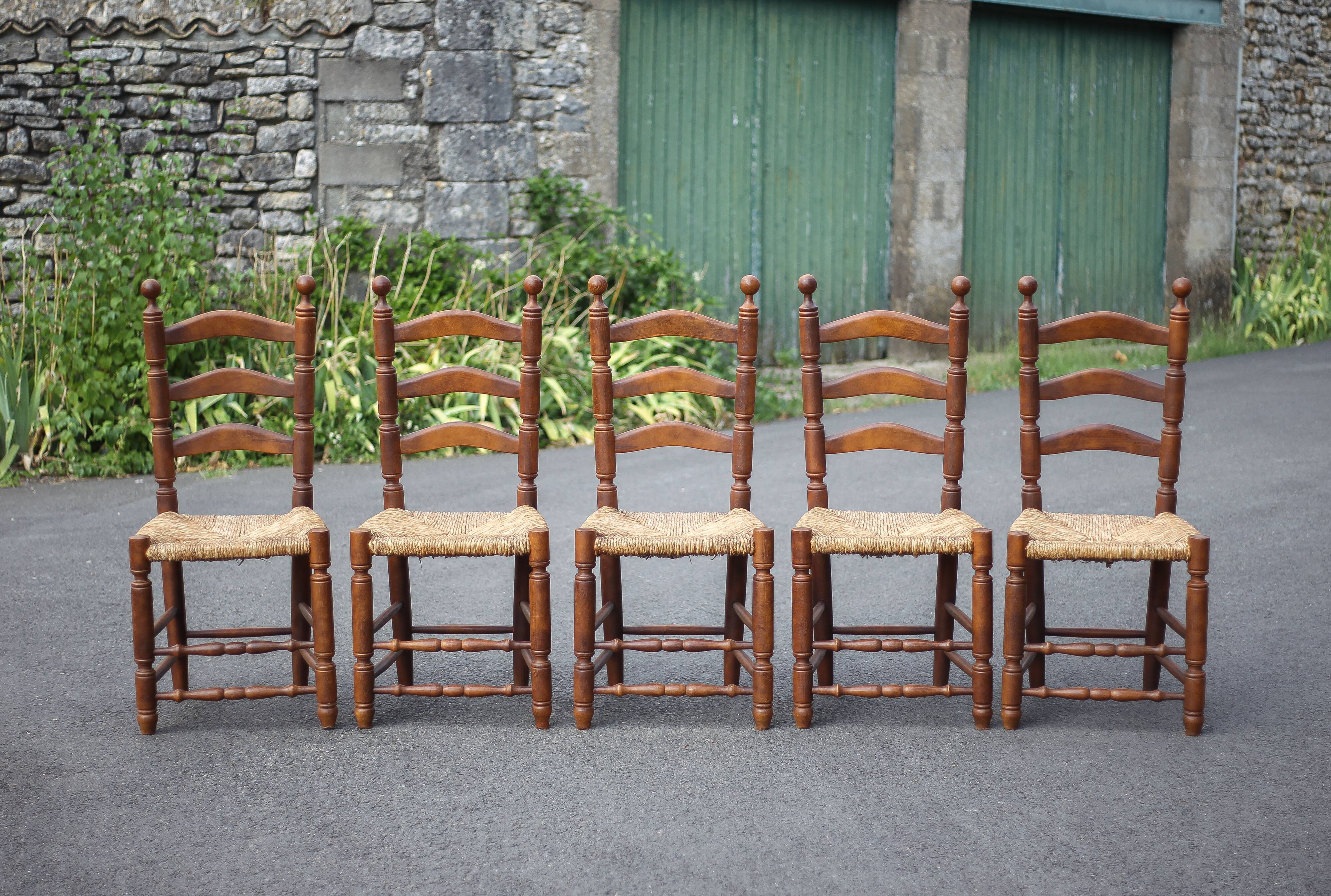 Set of 5 vintage wooden and straw chairs, straw chair, countryside