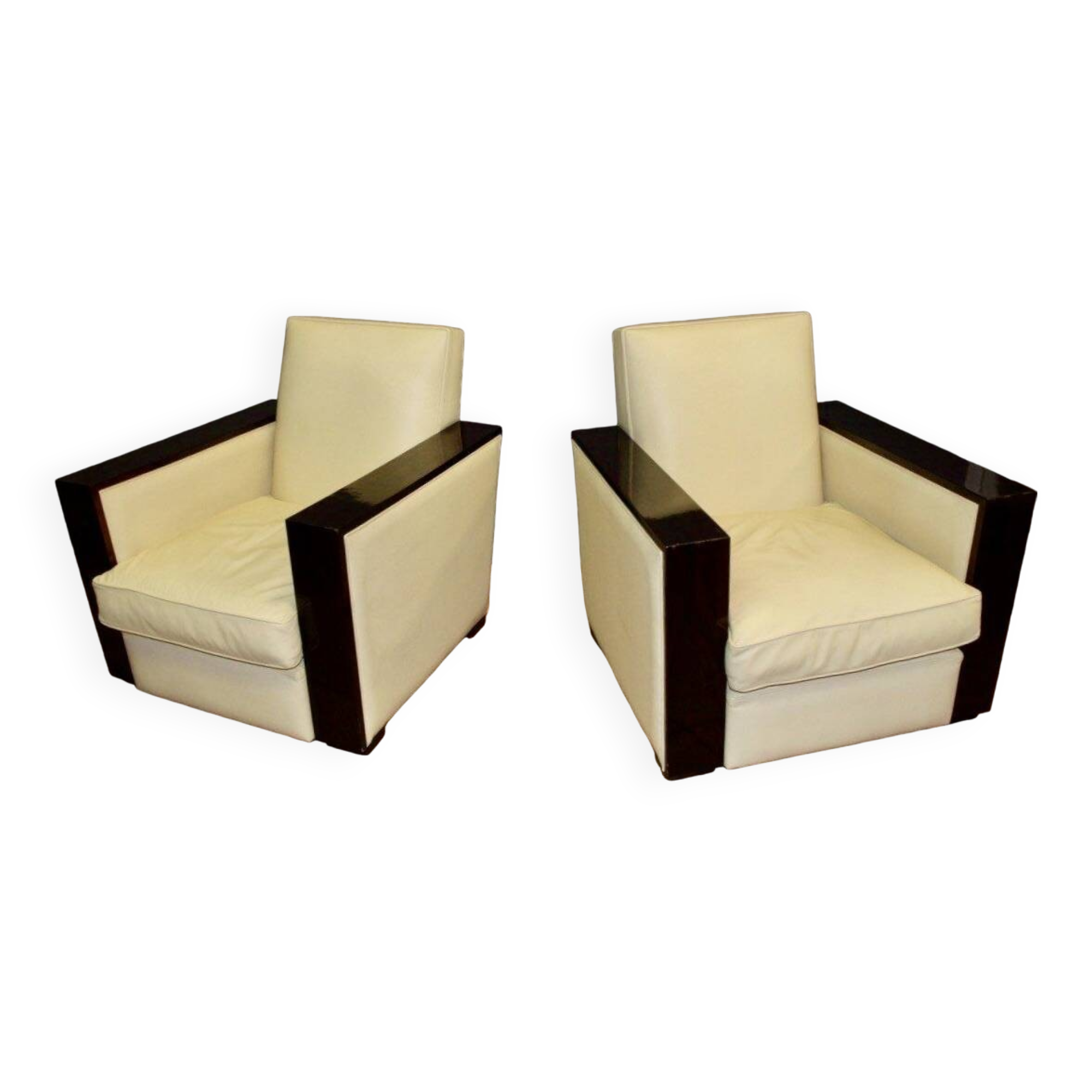 Pair of art deco armchairs in rosewood and beige leather