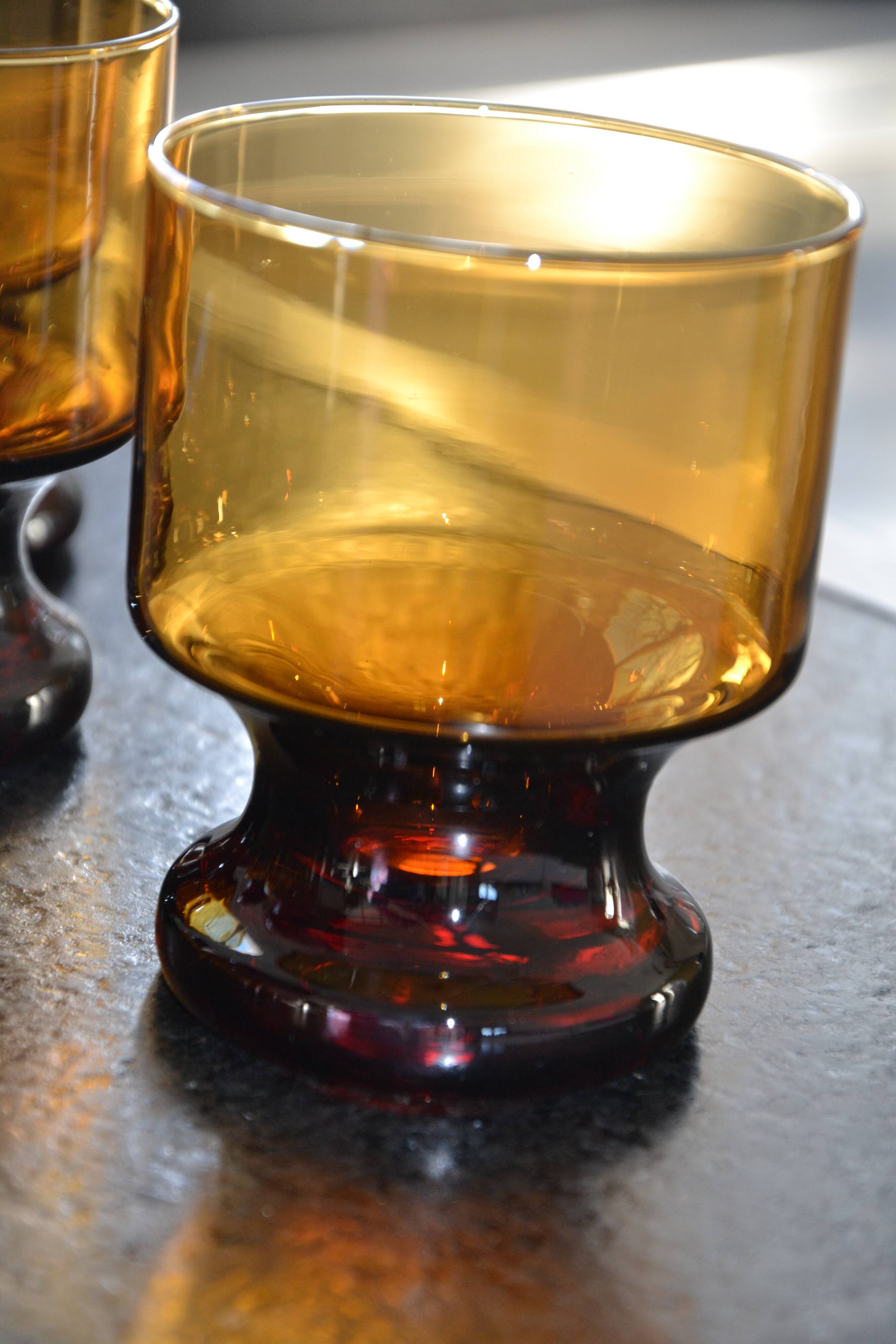 7 Vintage Mouth Blown Amber Stemmed Glasses