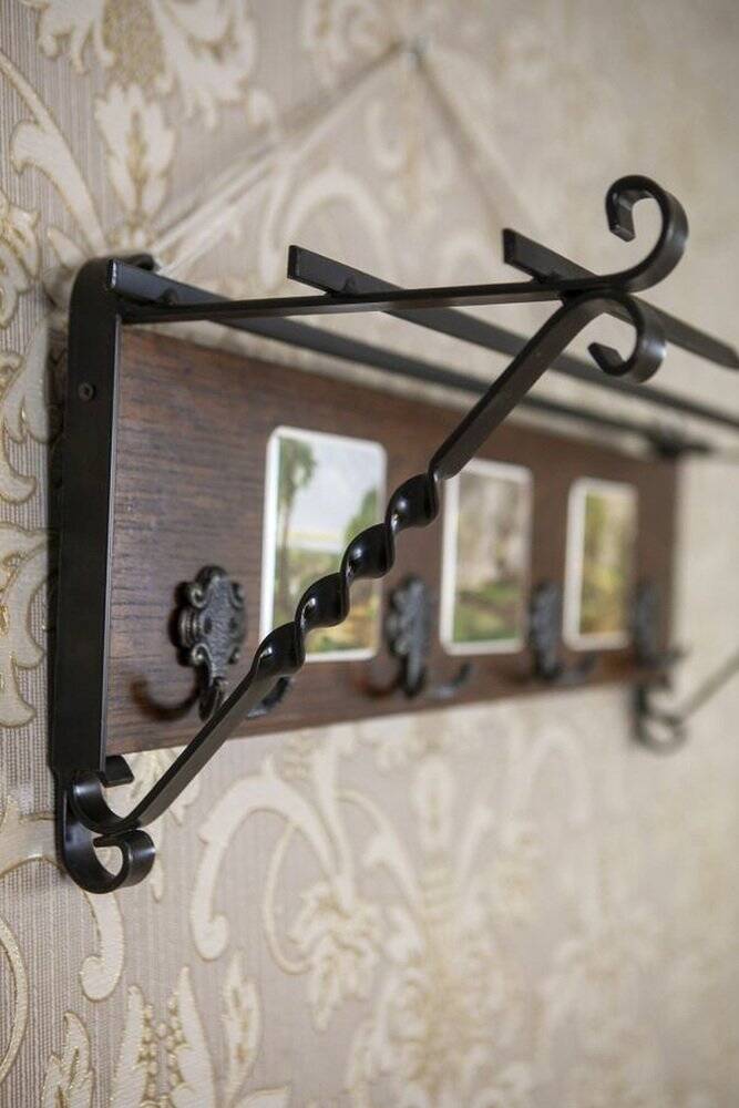 Early 20th Century Dutch Oak Wall Coat Rack with Decorative Tiles, 1950s
