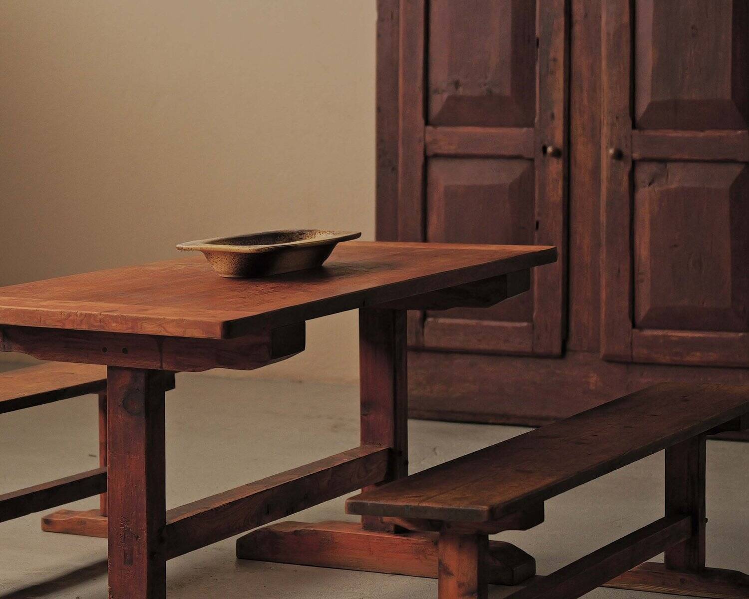 Table and pair of benches in solid pine – France, circa 1970