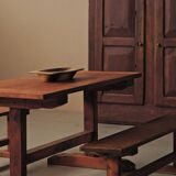 Table and pair of benches in solid pine – France, circa 1970