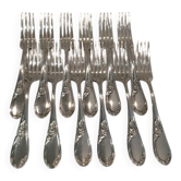 12 silver-plated metal dessert forks with rocaille ribbon decoration