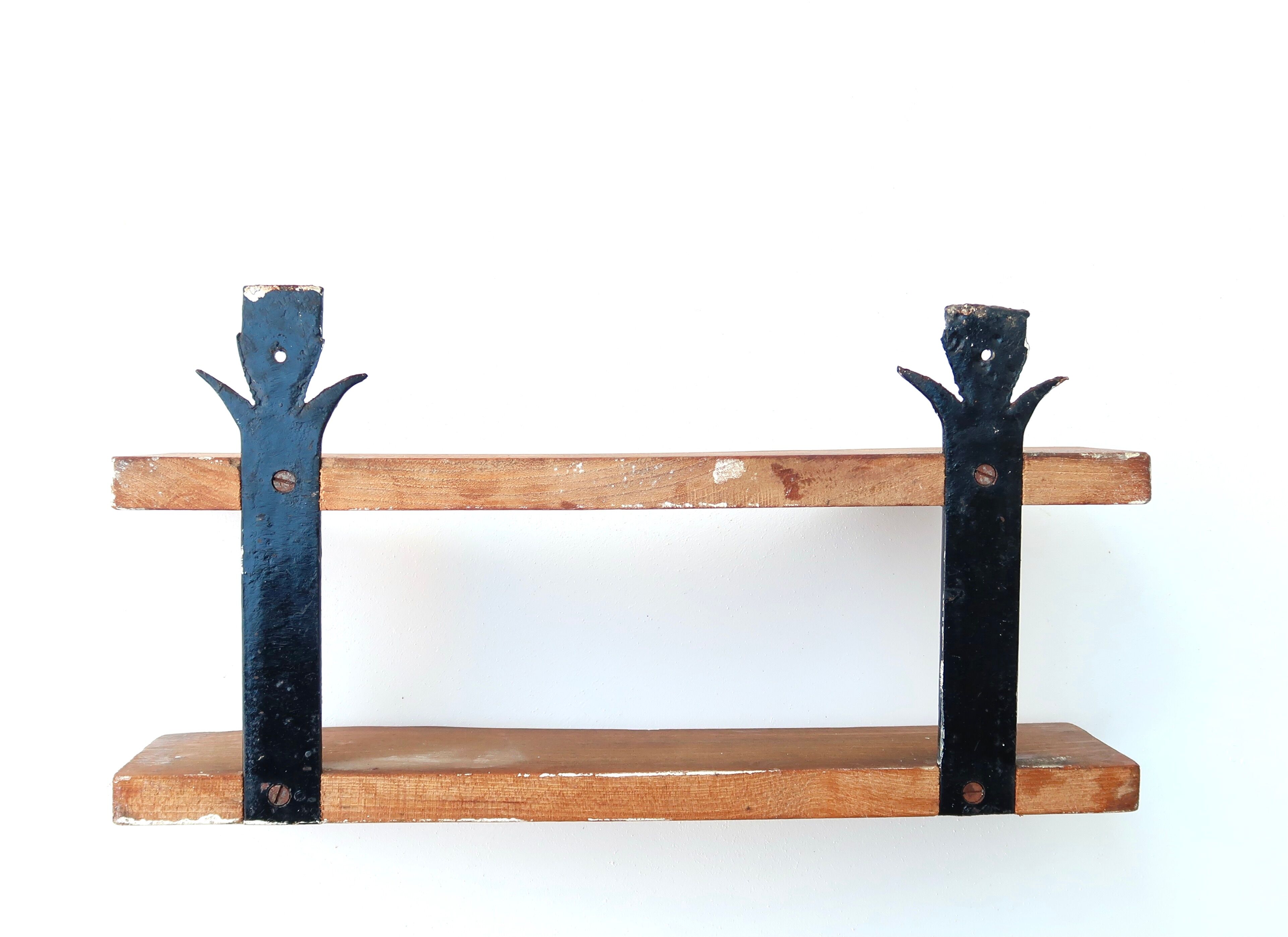Wall shelf in wood and wrought iron, 70s