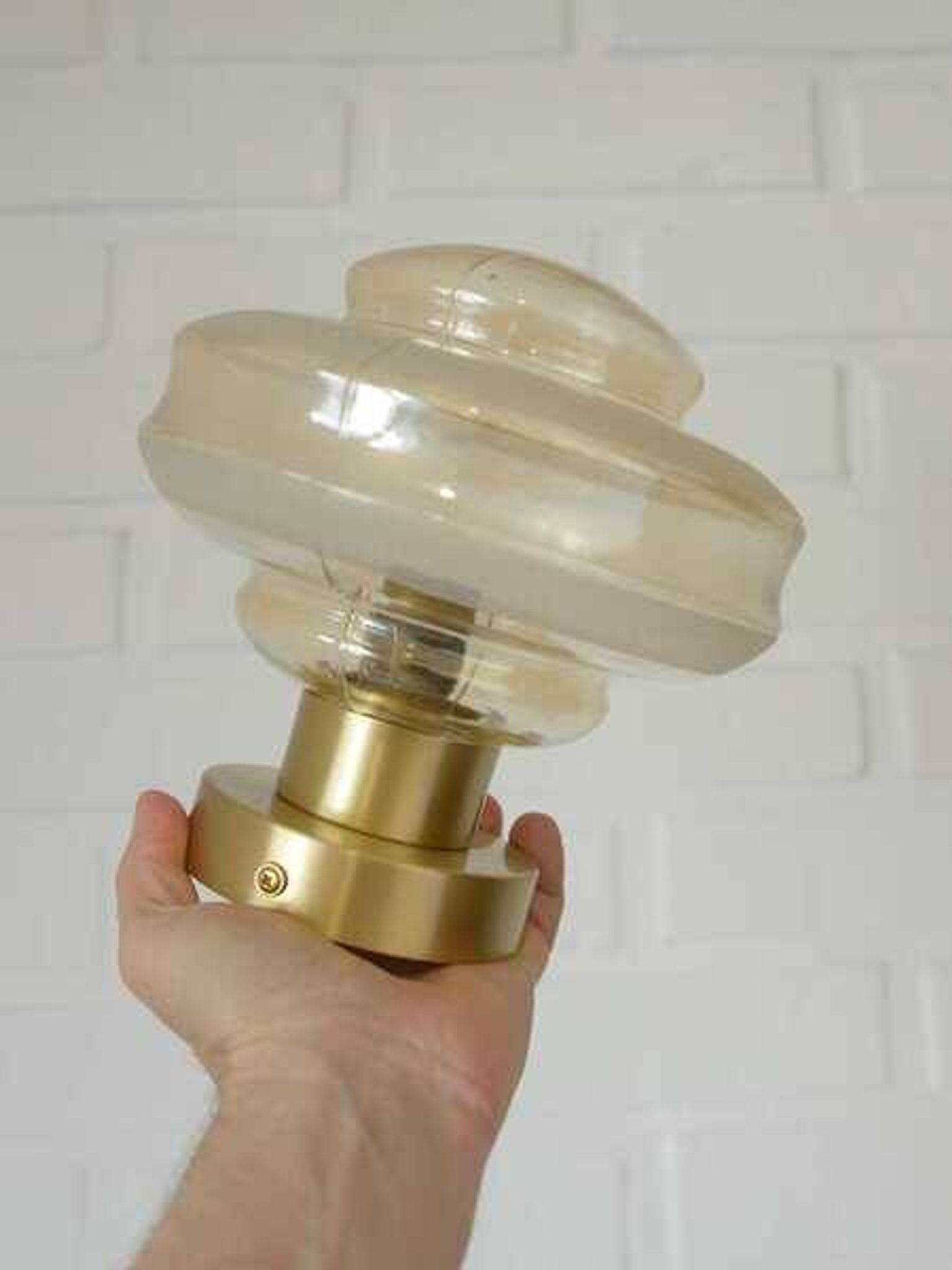 Set Of 2 Vintage Amber Glass Sconces MCM Brass Flush Mount Lights