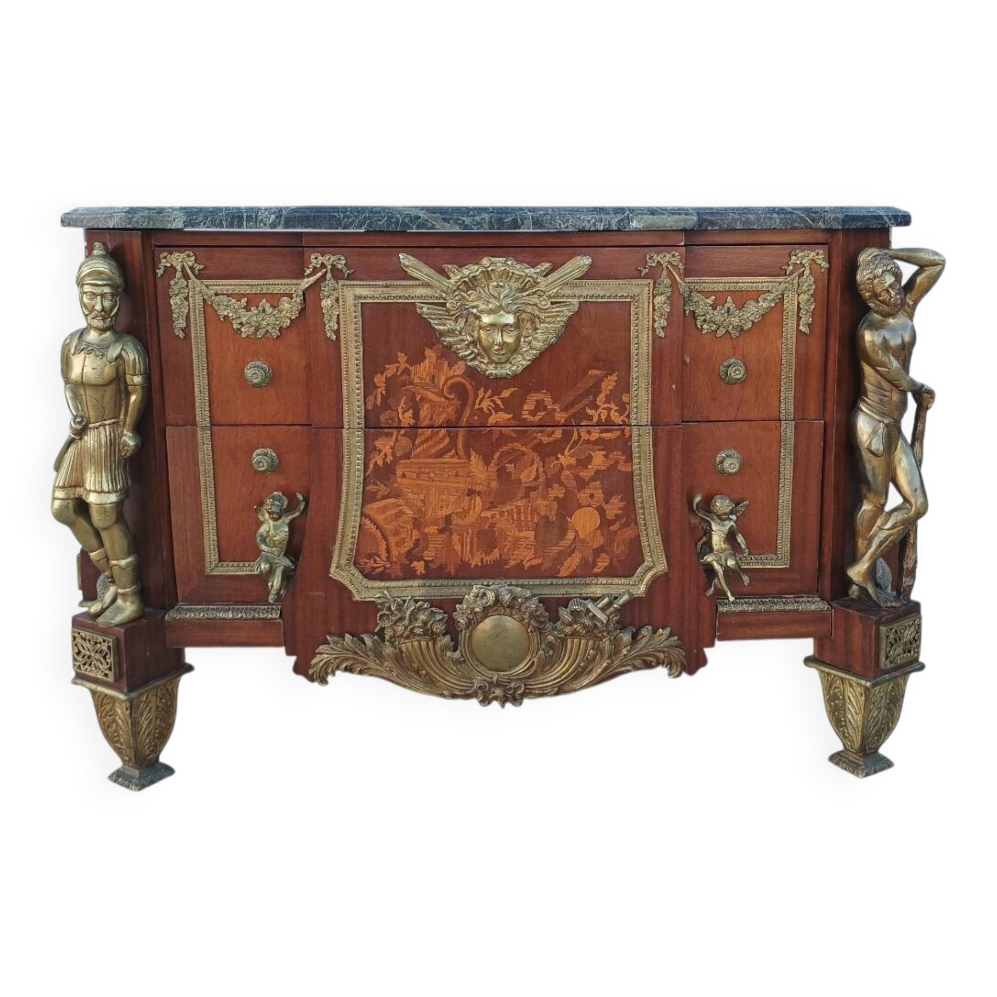 Louis XVI style commode in beech, bronze and marble.