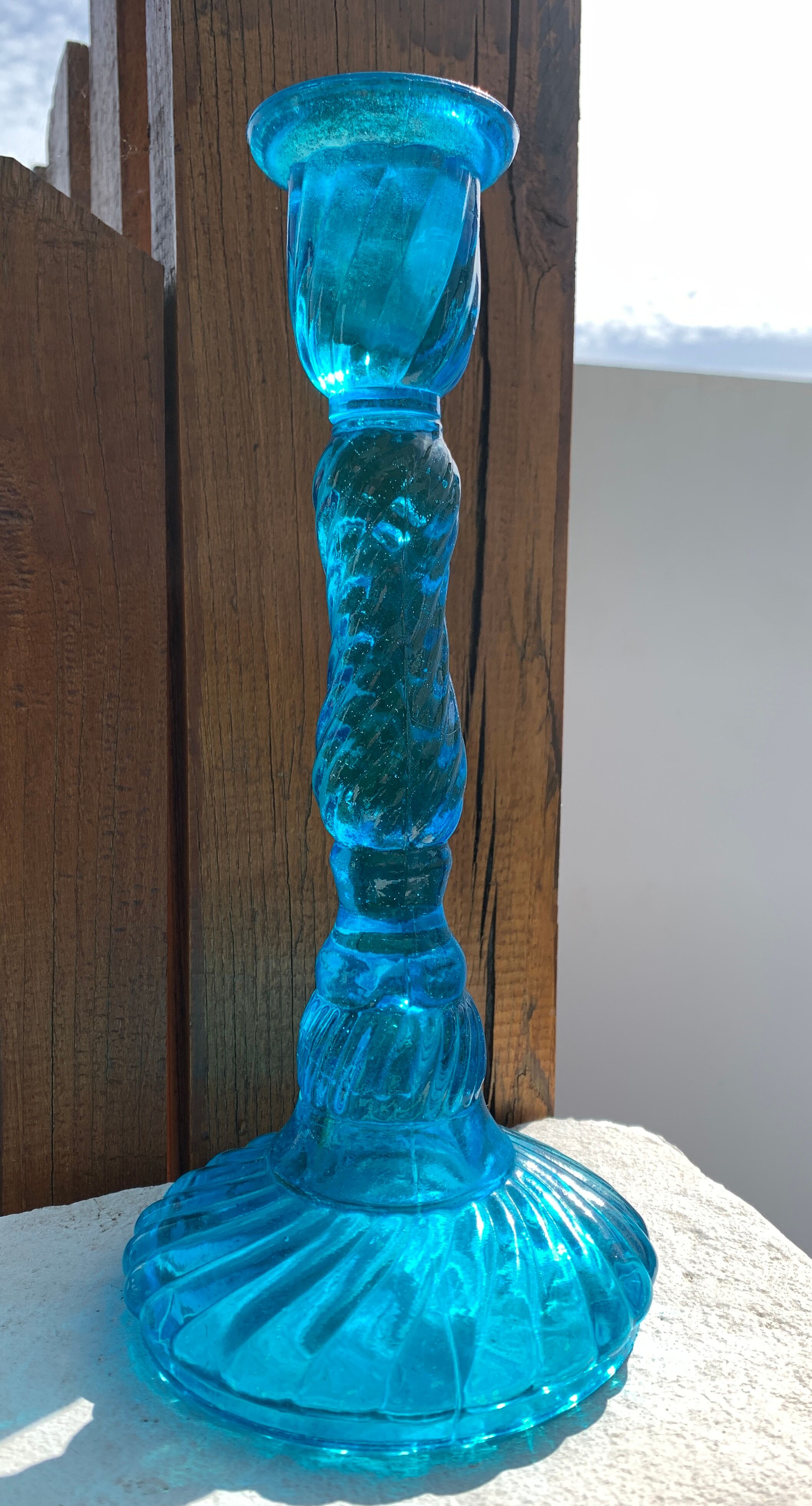 Pair of molded pressed blue glass candle holders