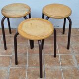3 vintage stackable stools in wood and metal, industrial style, 45 cm