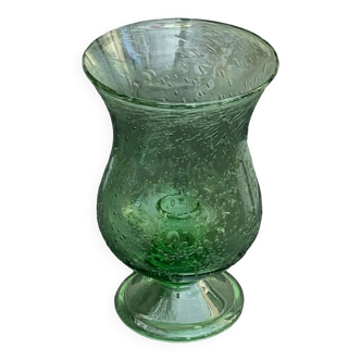 Photophore, bougeoir en verre soufflé vert de la verrerie de biot, made in france, vintage et signé,