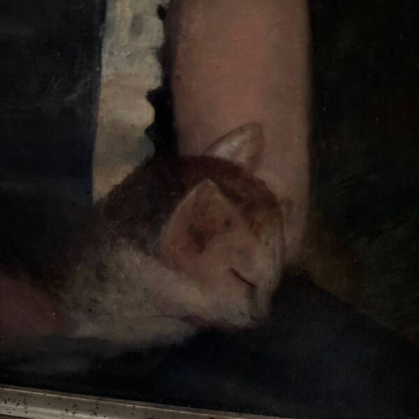 Huile sur toile XIXe jeune enfant portant son chat cadre doré