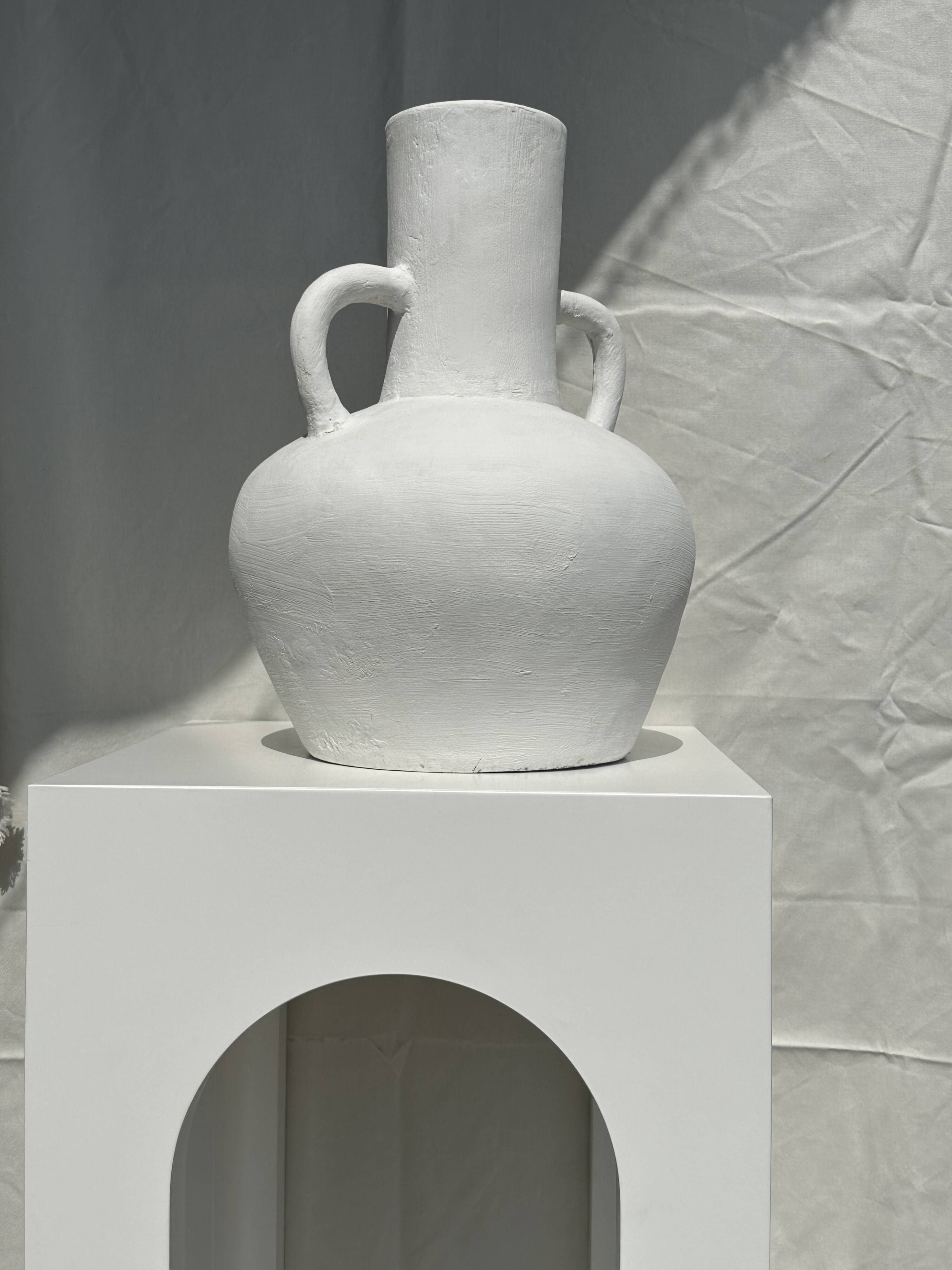 Large handcrafted terracotta vase painted white with double handles H40 D30