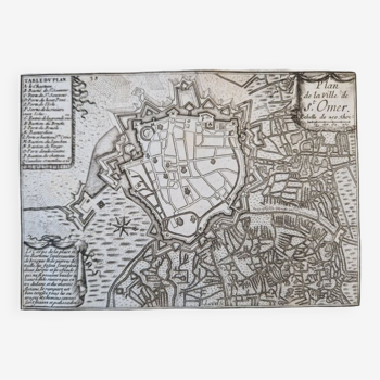17th century copper engraving "Plan of the town of Saint Omer" By Pontault de Beaulieu