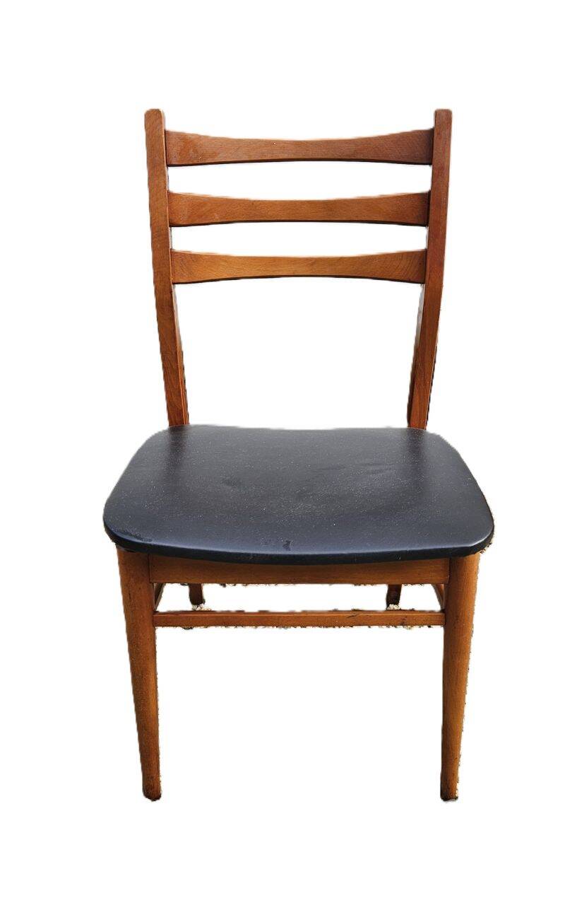 4 Scandinavian Design Chairs in Teak with Black Skai Upholstery 1960