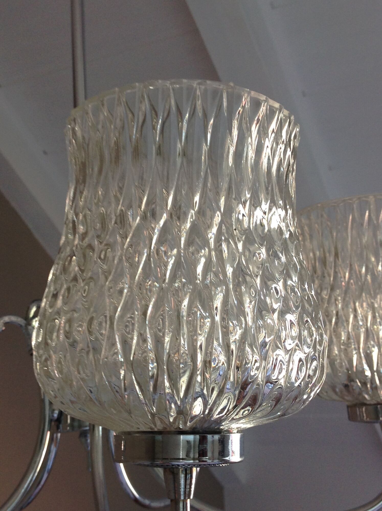 Five-spoke chandelier in chrome-plated metal and structured/vintage glass 60s-70s