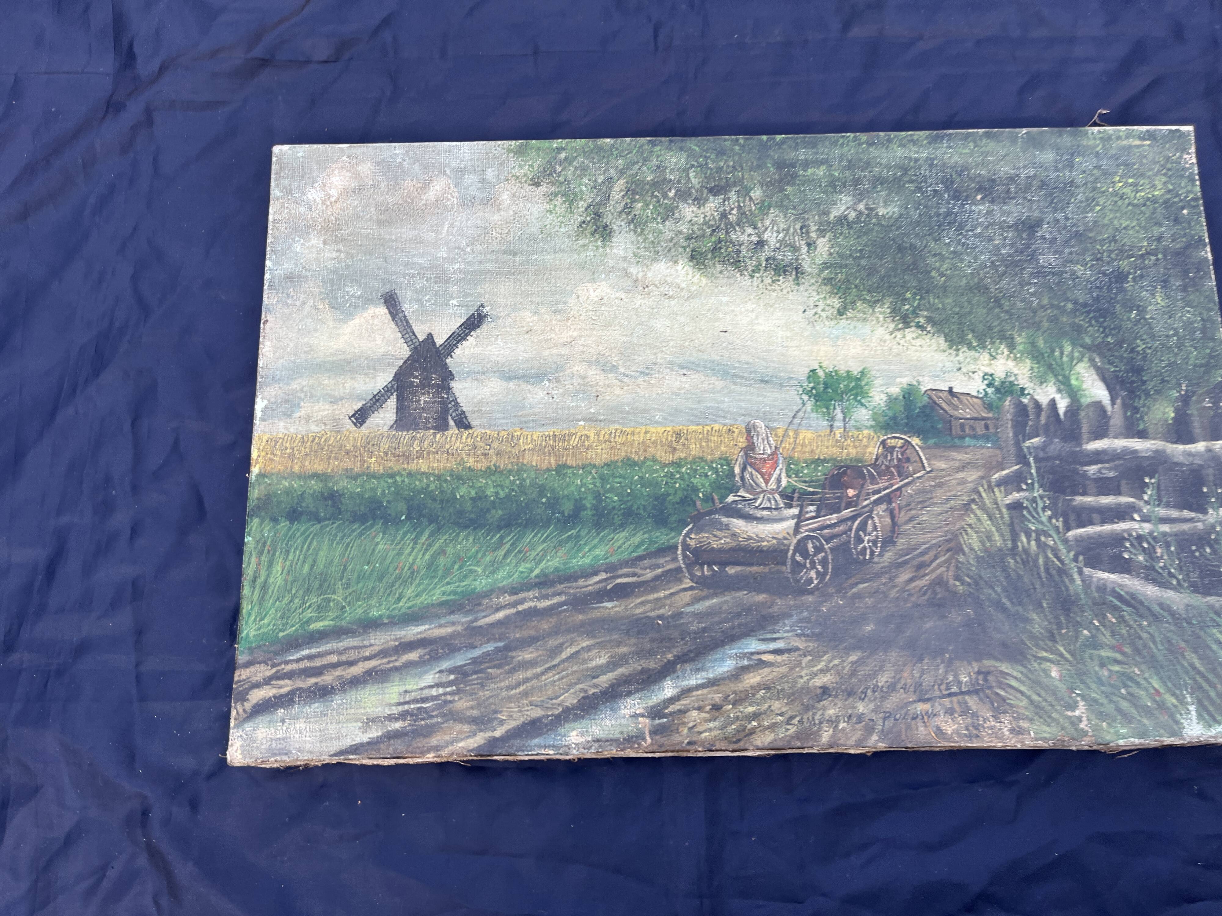 Antique Polish painting signed - rural scene with mill