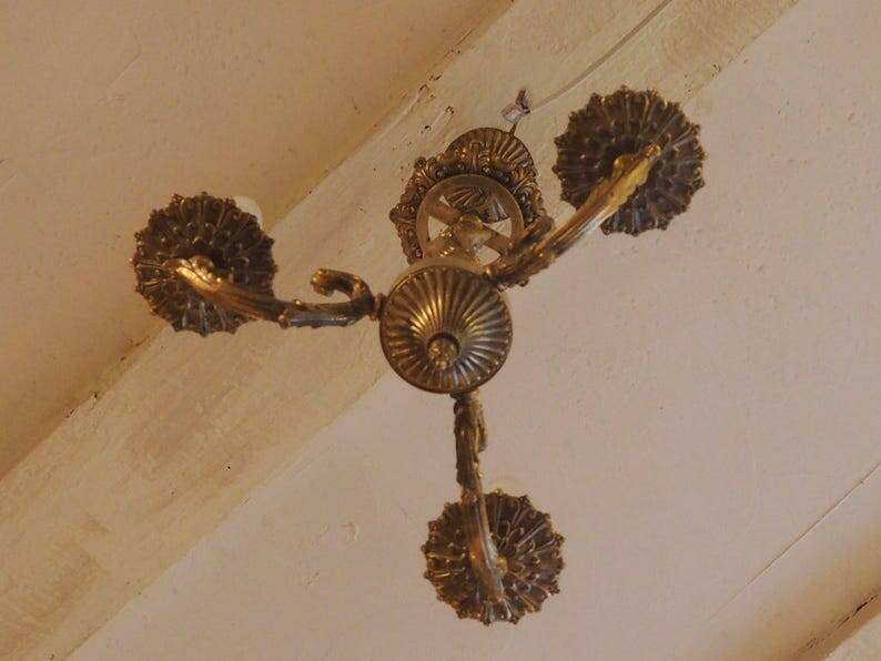 Vintage Italian bronze brass three-branch female figurine chandelier c. 1950s