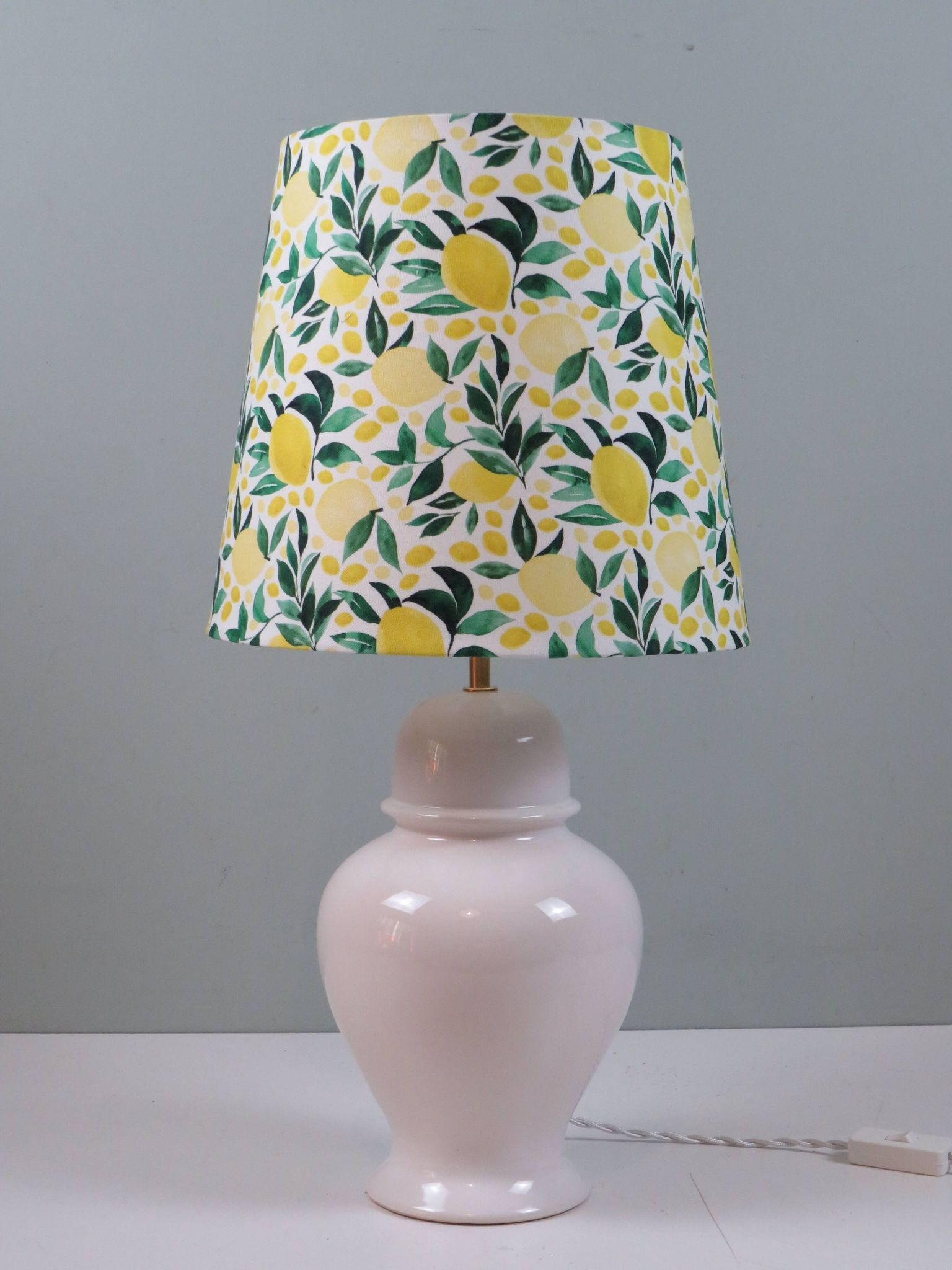 Vintage white ceramic lamp with custom lemon shade.