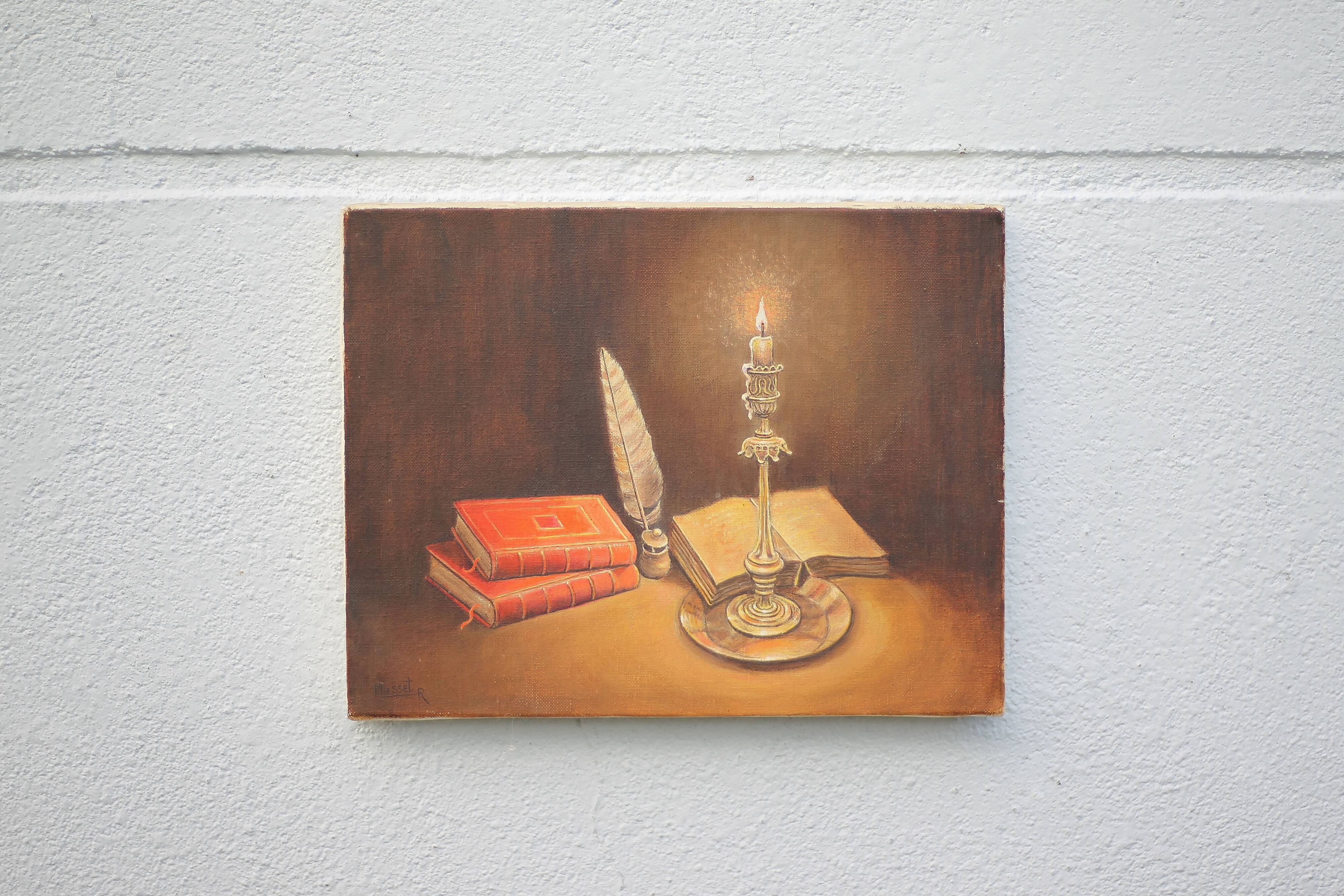 Signed still life painting, oil painting, books with candle