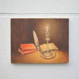 Signed still life painting, oil painting, books with candle