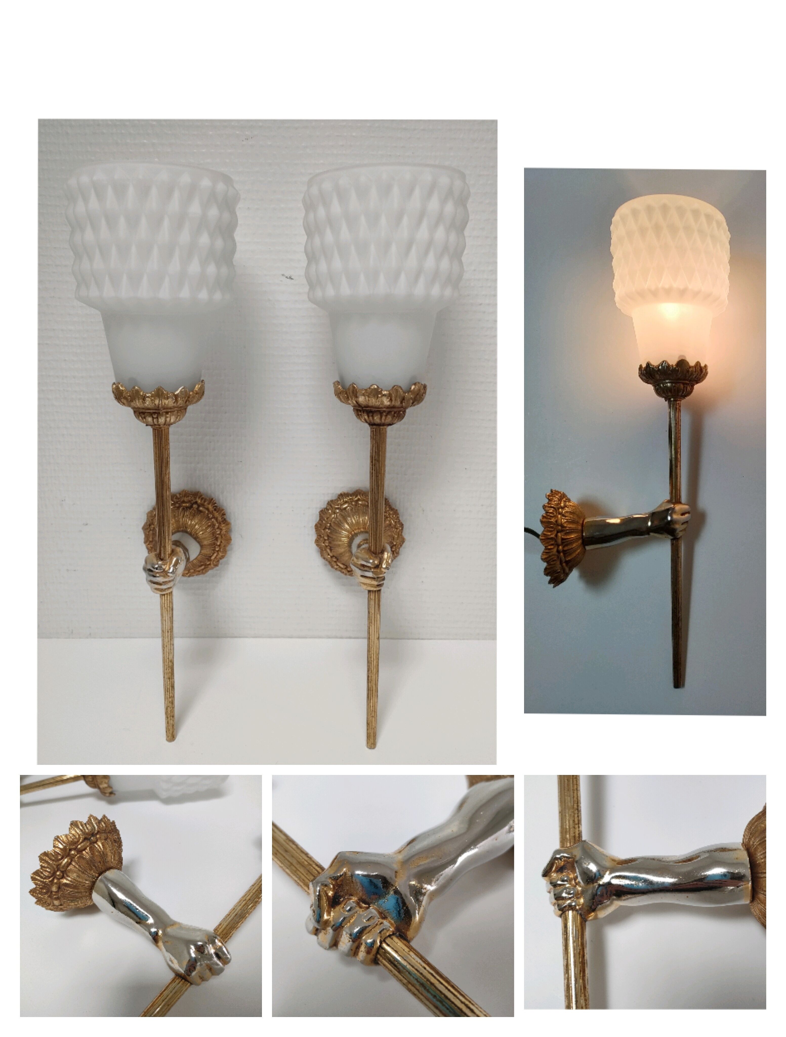 Pair of vintage patinated golden metal hand sconces