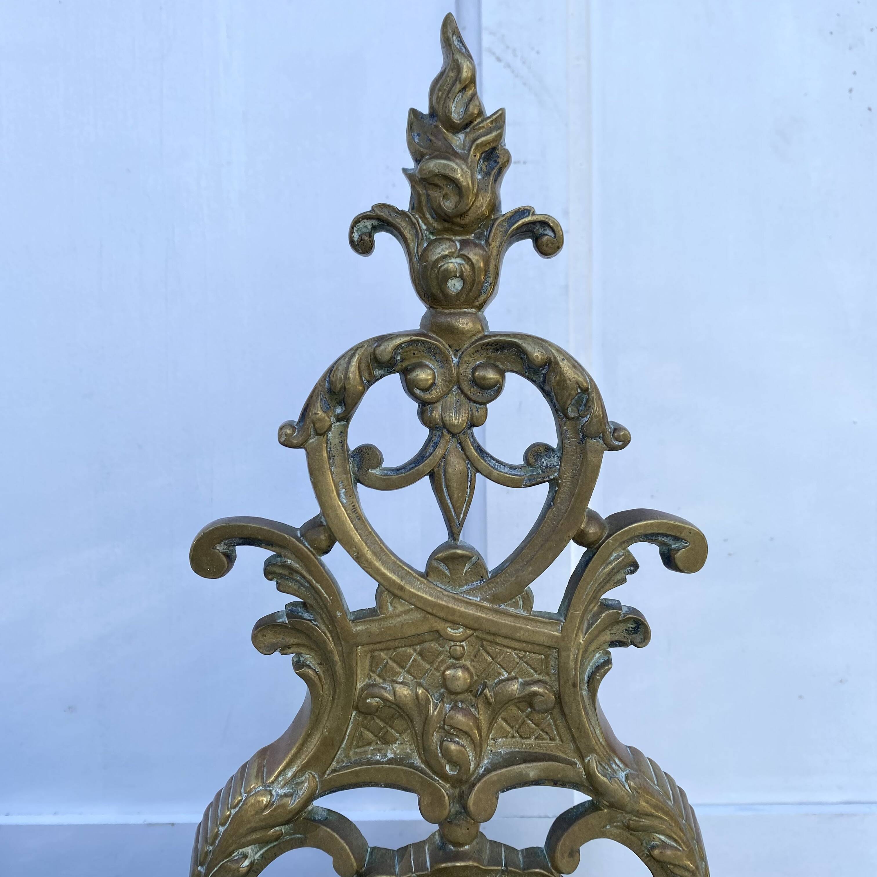 Antique brass fireplace set, bar and andirons, Napoleon I style.