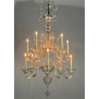 Lustre vénitien en verre de Murano transparent 10 bras de lumière sur deux niveaux